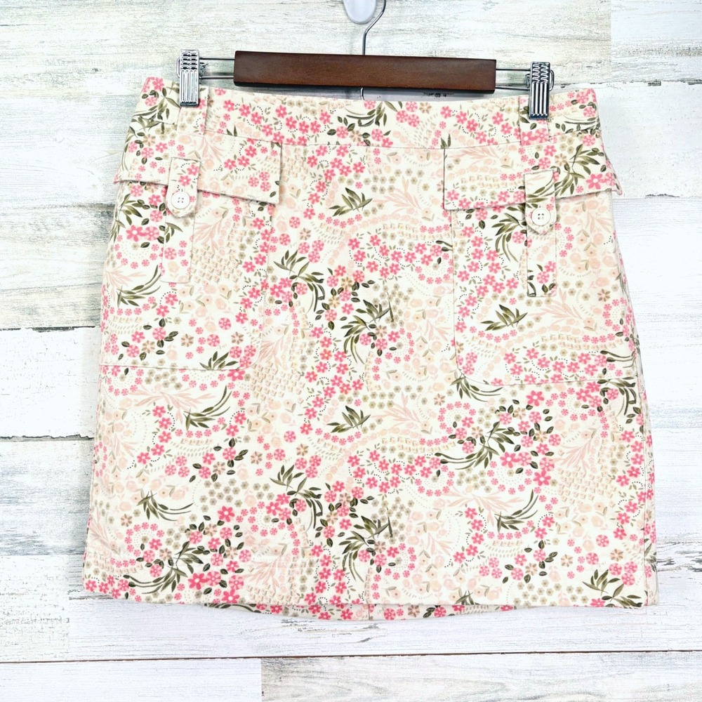 Ann Taylor LOFT Cream &‎ Pink Floral Print Mini Canvas Skirt Women's Size 10P